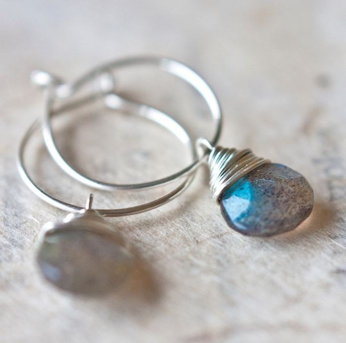 Hoops Earrings Argentium Sterling Silver Labradorite Wire Wrapped Urban Gray Blue neutral tbteam