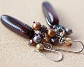 Oxidized Argentium Sterling Silver Earrings Agate and Pearls Multicolor Woodland Chocolate rustic