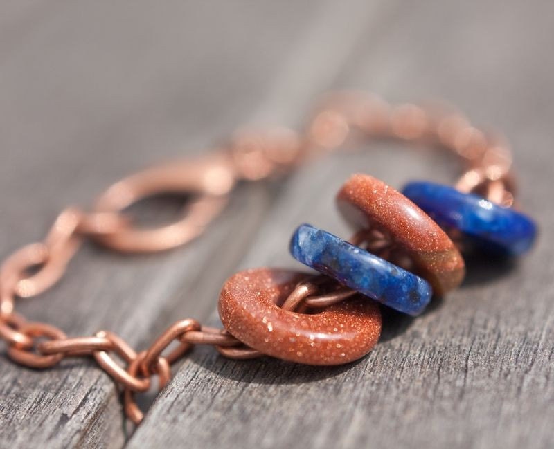 Charm Bracelet  - Goldstone Navy Blue Lapis Lazuli Copper Chain rustic