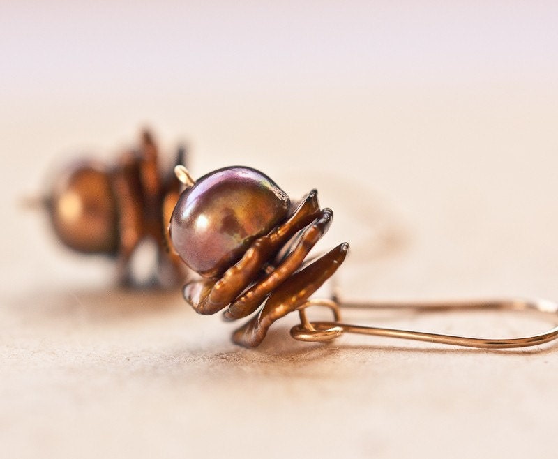 Dangle Earrings14K Goldfilled Organic Keishi Petal Pearls Brown Keshi