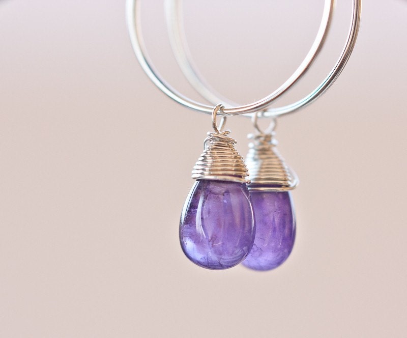 Hoops Earrings Amethyst Argentium Sterling Silver Teardrop Wire Wrapped tbteam rusteam
