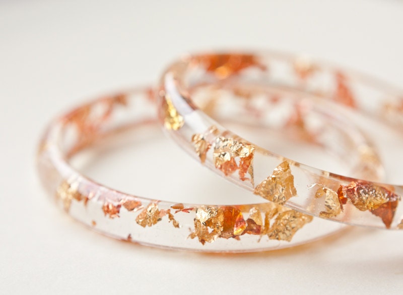 Resin Bangle Bracelet Gold Flakes Smooth Stackable bangle Small Cuff OOAK glam fashion rusteam
