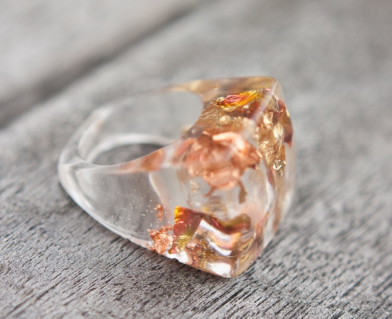 Resin Ring Gold Flakes Square Shape Cocktail Ring OOAK pastel peach romantic rusteam