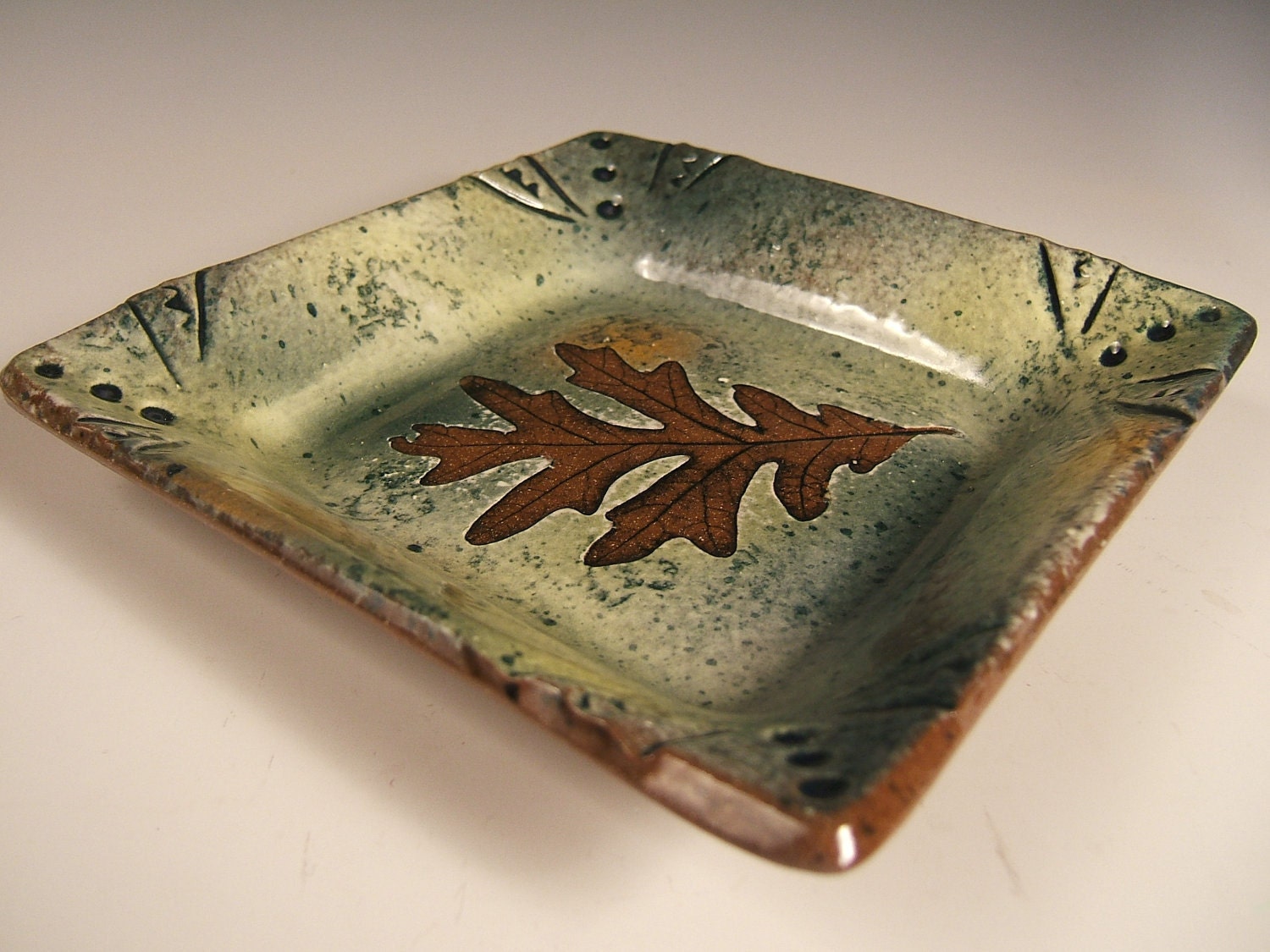 Handmade Square Shallow Bowl salad plate in Green Leaf Pattern with White Oak impression