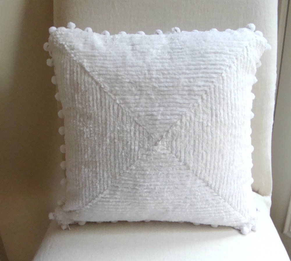 White Cotton Chenille Mitered Stripe Pillow Cover with Pom Pom Trim 20x20 inch (51 cm)