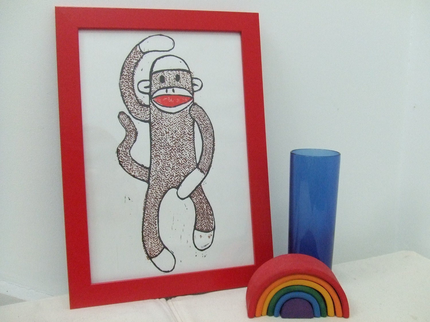 Sock Monkey Three Colour Lino Print