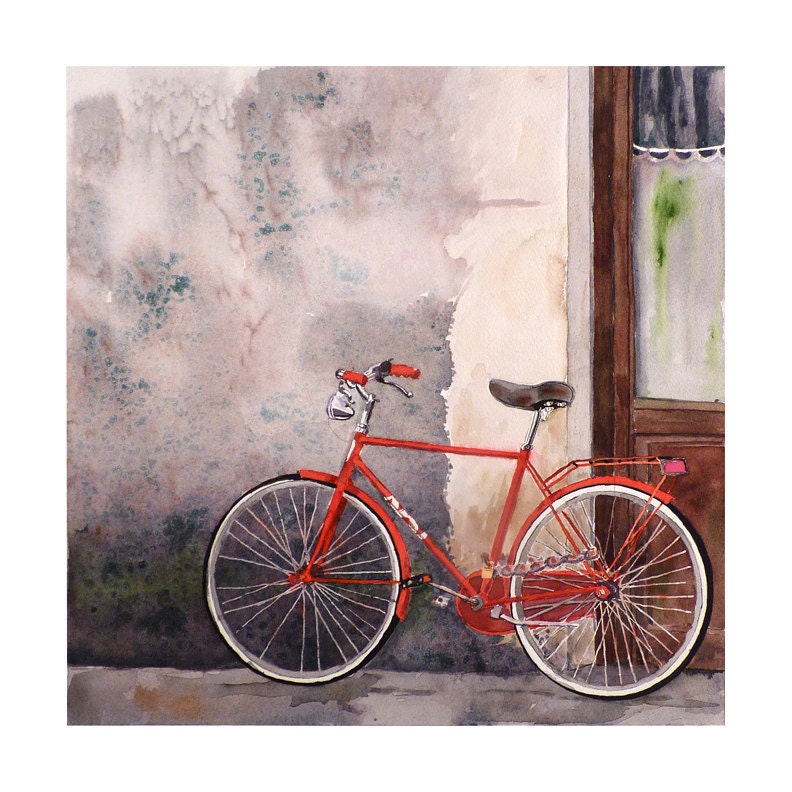 Bicycle Art - fine art - Watercolor Painting Print - Men Women, Italy Italian, Red Bike, Gray Red, Old Wood Door