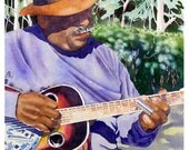 Music Art Watercolor Painting Original Summer Fall Outdoors Street Musician Men Women Slide Guitar Lavender Nougat Brown 10 x 14 Under 150
