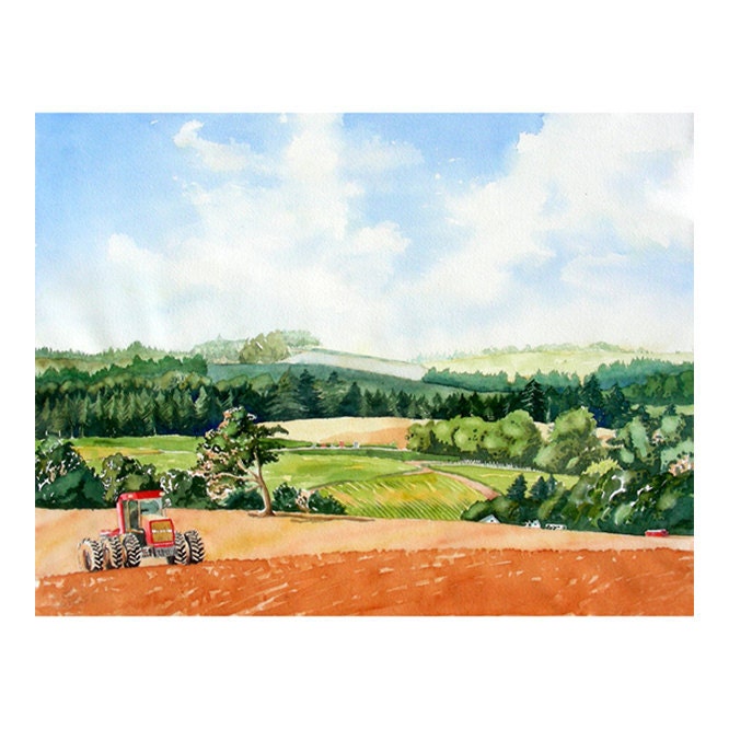 Farm Landscape Art Original Watercolor Painting Home Decor Wall Decor Men Women Autumn Harvest Tractor Green Cedar 18.5 x 15 Under 250