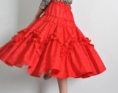 Scarlet Red Floral Jacquard Cotton Ruffles Flounce Full Pleated Circle Dancing Skirt Free Shipping International