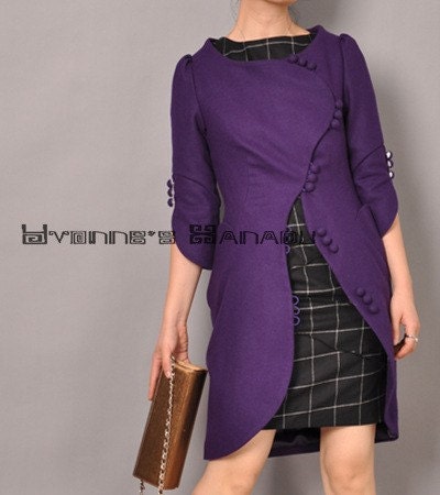 Aubergine Purple Wool Puffy 3/4 Sleeves Winter Tulip Petal Coat