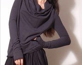 Grey Jersey Cotton Wide Drape Cowl Neck Long Sleeved Blouse Jumper