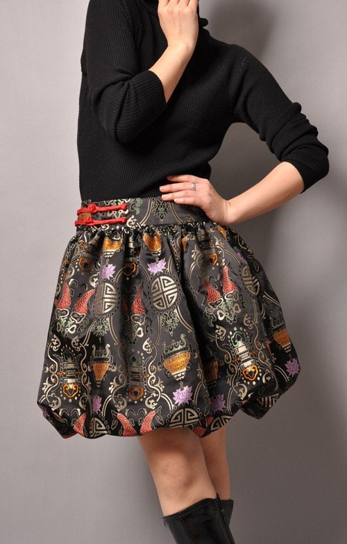 Black Purple Grey Orange Floral Silk Brocade Puff Skirt High Waisted Bubble Hem FREE SHIPPING International