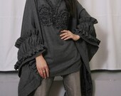 Dark Grey Pure Wool Cape Poncho Cloak Coat Batwing Victorian Bolero