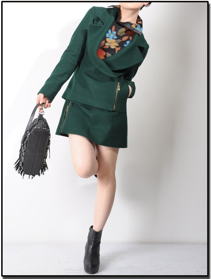 Army Green Wool Bronze Zipper Suit Like Long Jacket Blazer