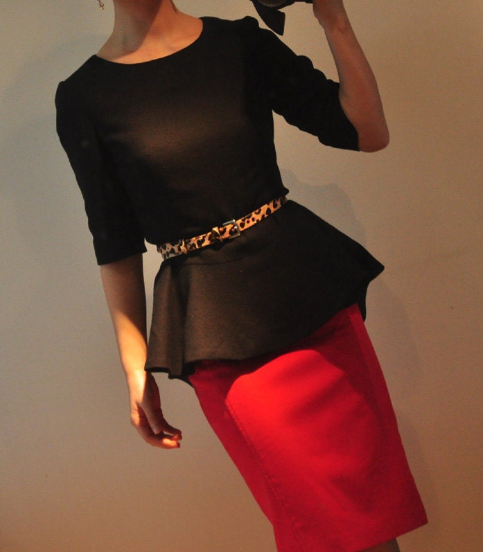 Black Virgin Wool 1/2 Sleeves Peplum Flared Hem Winter Victotrian Lady Suit Top