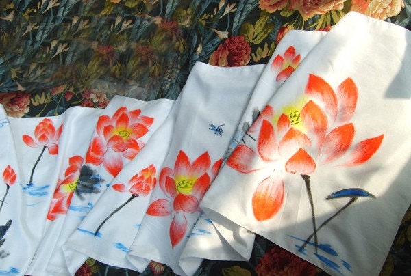 Handpainted Handmade Red Lotus White Silk Cotton Scarf Shrug Shawl Gift Idea FREE SHIPPING International