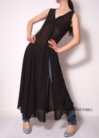 Sexy Black Sheer Chiffon Sleevelss Vneck Long Dress Vest