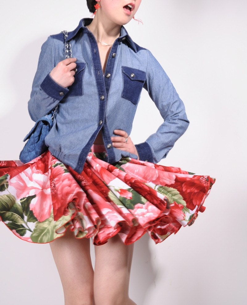 Sexy Red White Floral Cotton Pleated Full Circle Mini Skirt FREE SHIPPING International