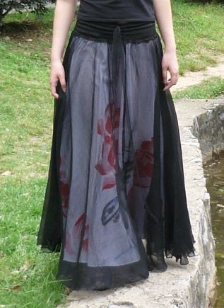 Handpainted Red Pink Lotus White Cotton Silk Chiffon Wrap Long Full Skirt Dress FREE SHIPPING International
