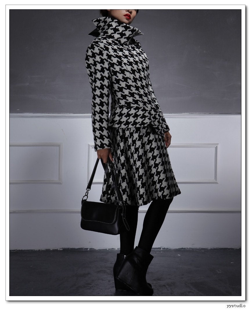 Black White Houndstooth Pure Wool Ruffled Frilly Fennel Neck Asymmetrical Long Winter Coat