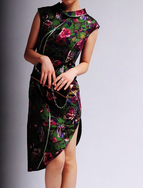 Green Purple Blue Floral Cotton Cap Sleeves Cheong-sam Qipao Cocktail Dress