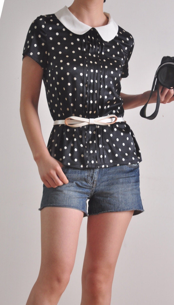 Black White Polka Dots Silk Petterpan Collar 3/4 Balloon Short Sleeves Blouse