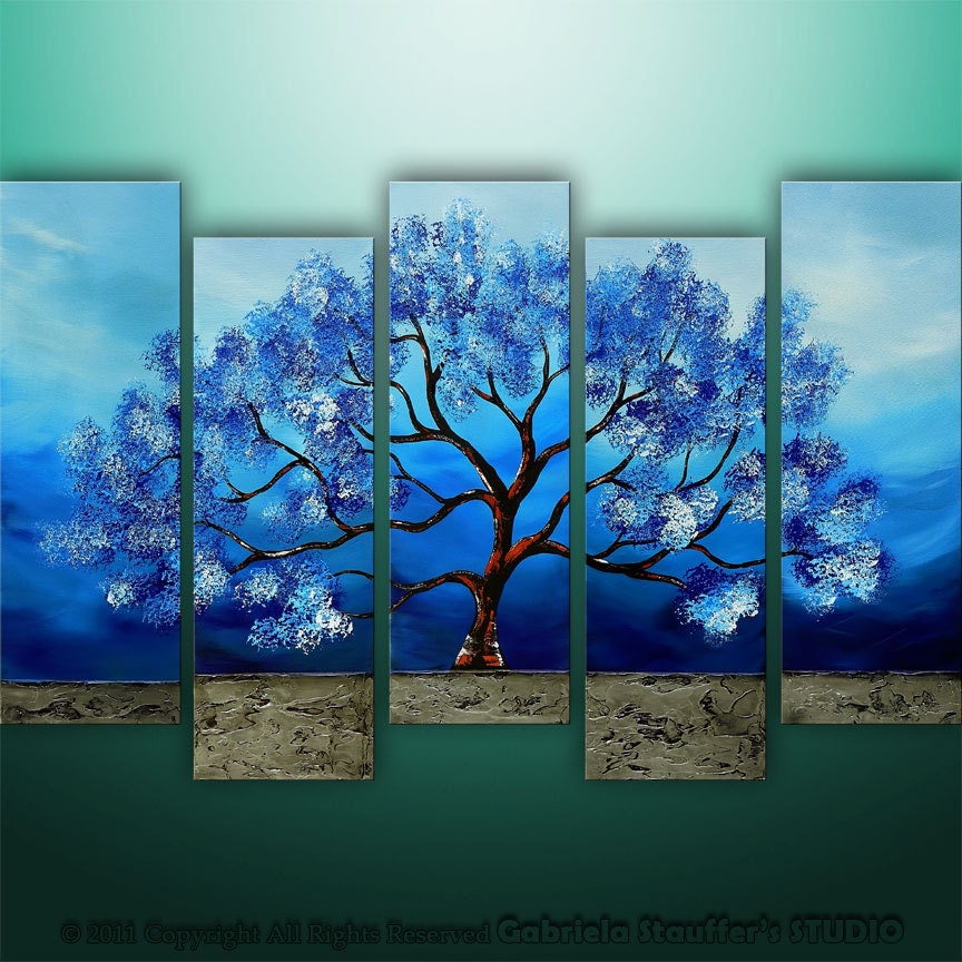 Abstract Modern Landscape Tree Asian Art by Gabriela 50x30 Large, texture, blue
