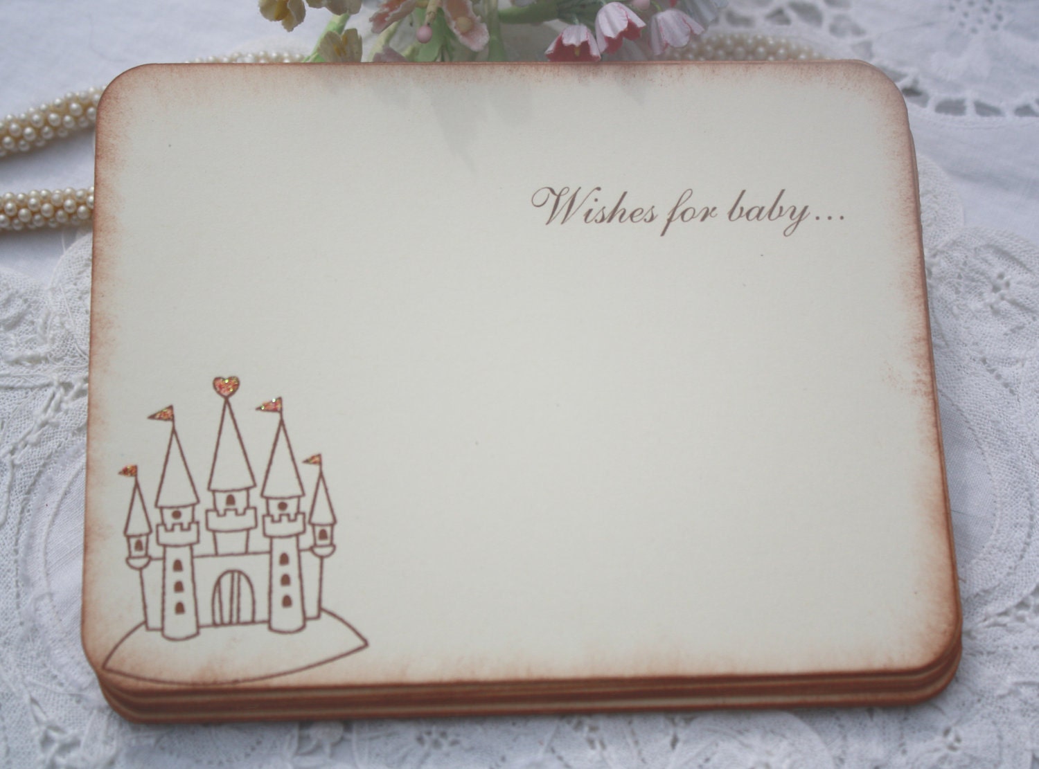 Baby Shower Wish Cards - Pink Glittered Castle - Princess - Baby Girl - Set of 12