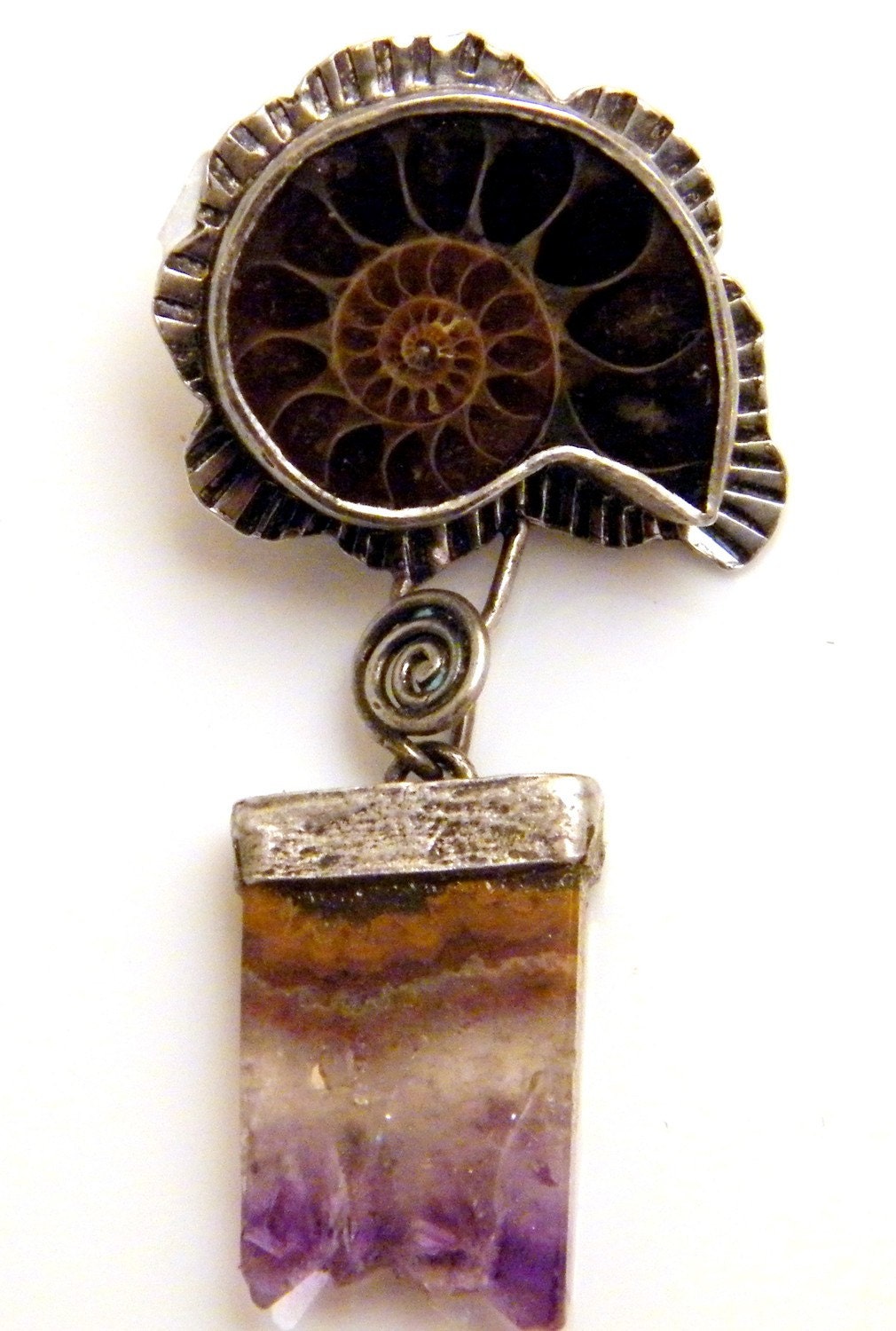 Fossil Ammonite Shell and Amethyst Stalactite Pendant