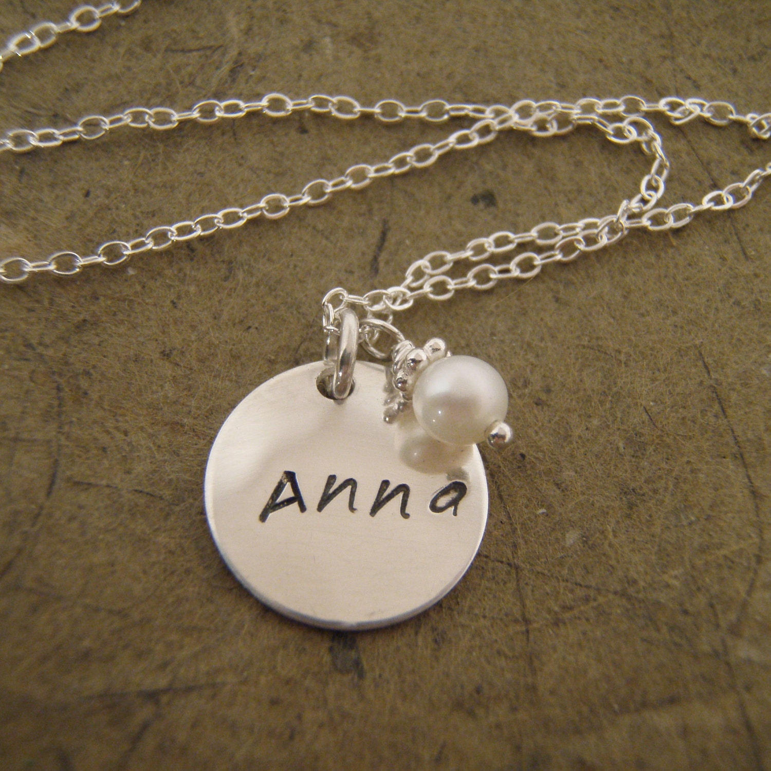 Name necklace with crystal  or pearl accent - Personalized necklace - Sterling silver hand stamped necklace