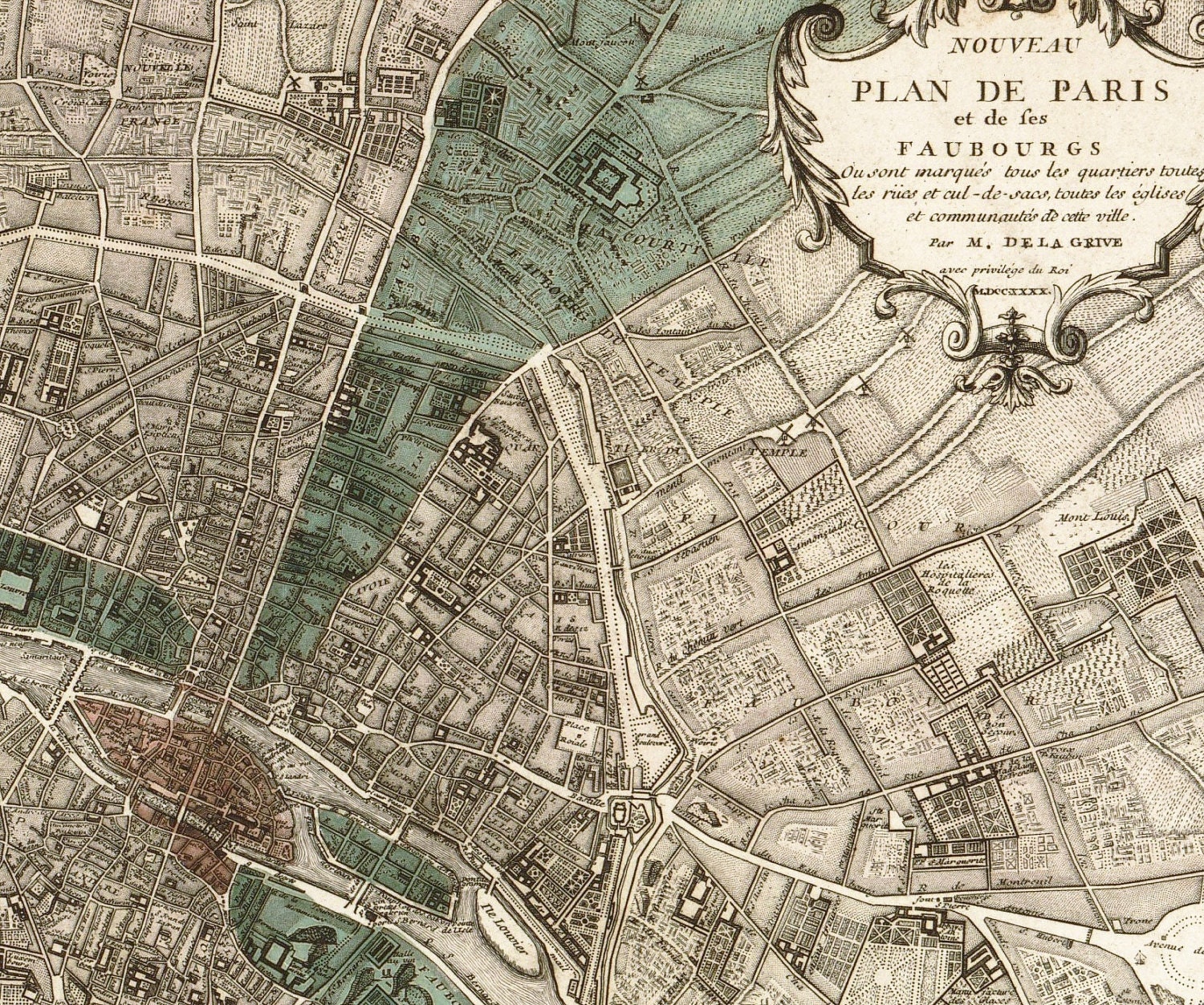 Antique Paris Map "Plan de Paris" - Victorian French Vintage Map Engraved - Elegant Grey Green Map