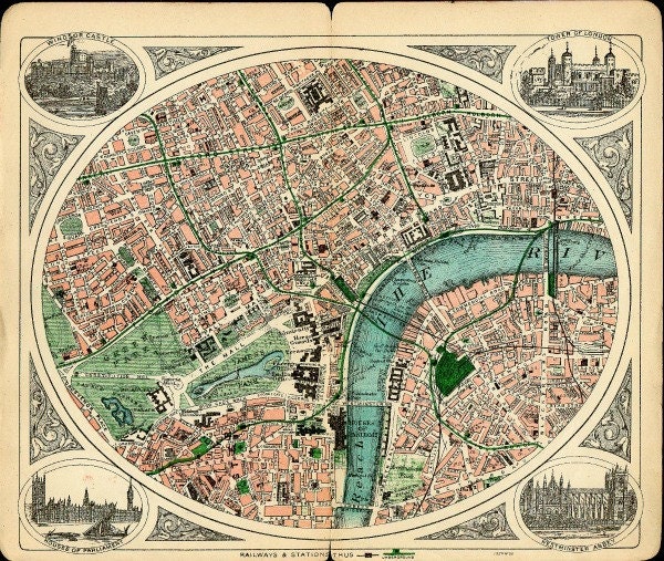Antique London Map "Travel Victorian London" Antique British Vintage Reproduction Map Engraved - Green Grey Blue London England Thames