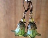 Flower Dangle Earrings, Green Lucite Bells, Antiqued Brass - OLIVIA