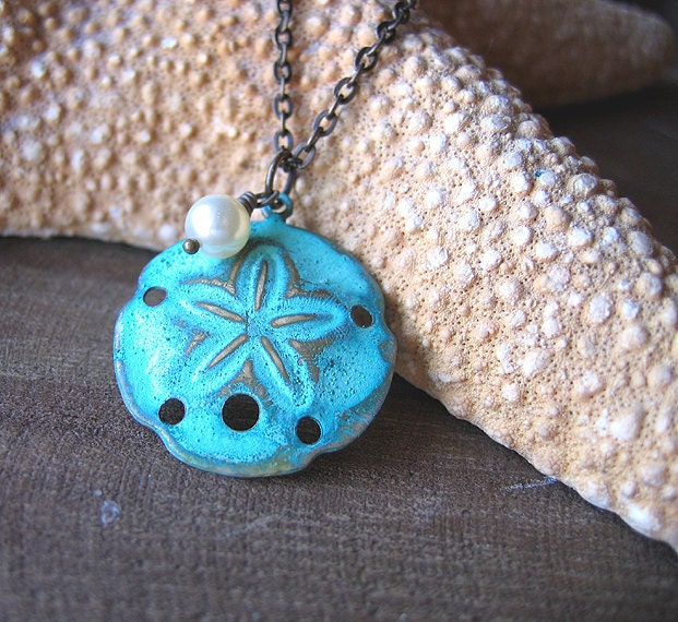 Necklace, Round Sand Dollar Pendant, Turquoise, Swarovski Pearl, 18 Inch Brass Chain - NAUTICA
