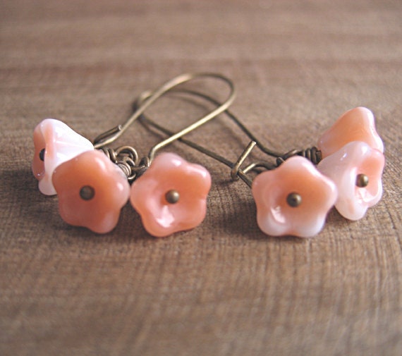 Spring Bouquet - Dangle Earrings, Floral, Peach Pink Flowers, Antiqued Brass Kidney Earwires