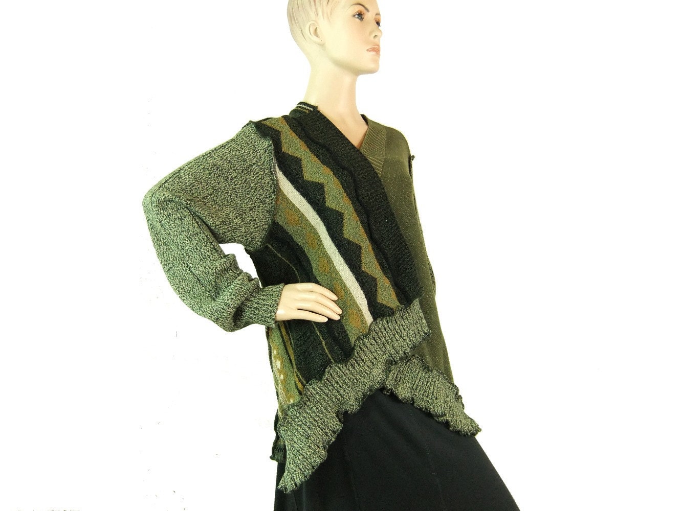 Green cardigan sweater, open front, Large size, womans medium sweater