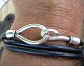Leather Bracelet, Triple Wrap Black,  Hook Closure Clasp, Mens Bracelet, Mens Jewelry, Womens Jewelry, Womens Bracelet