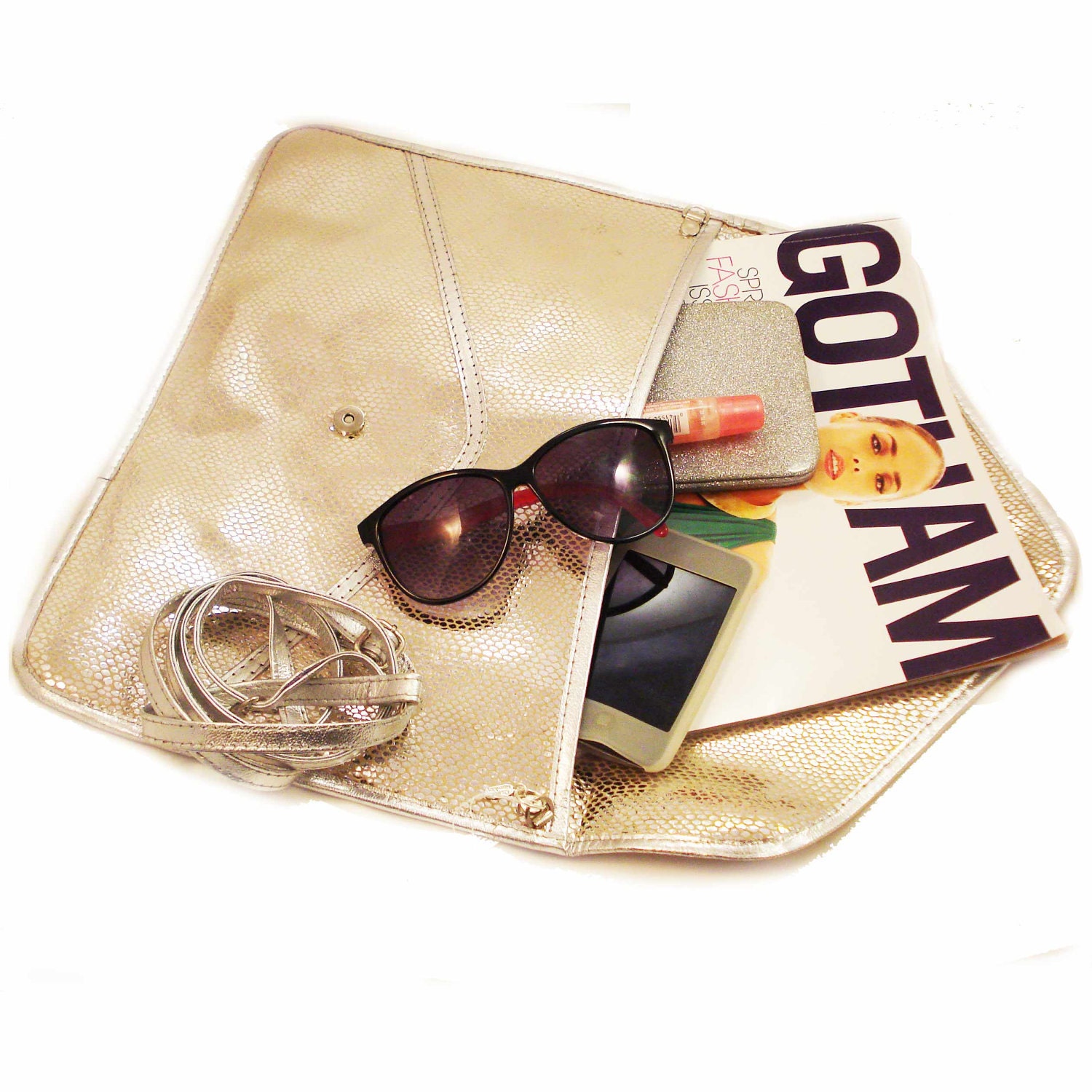 Leather Envelope Clutch Bag / Leather iPad Bag in Silver / Free Shipping