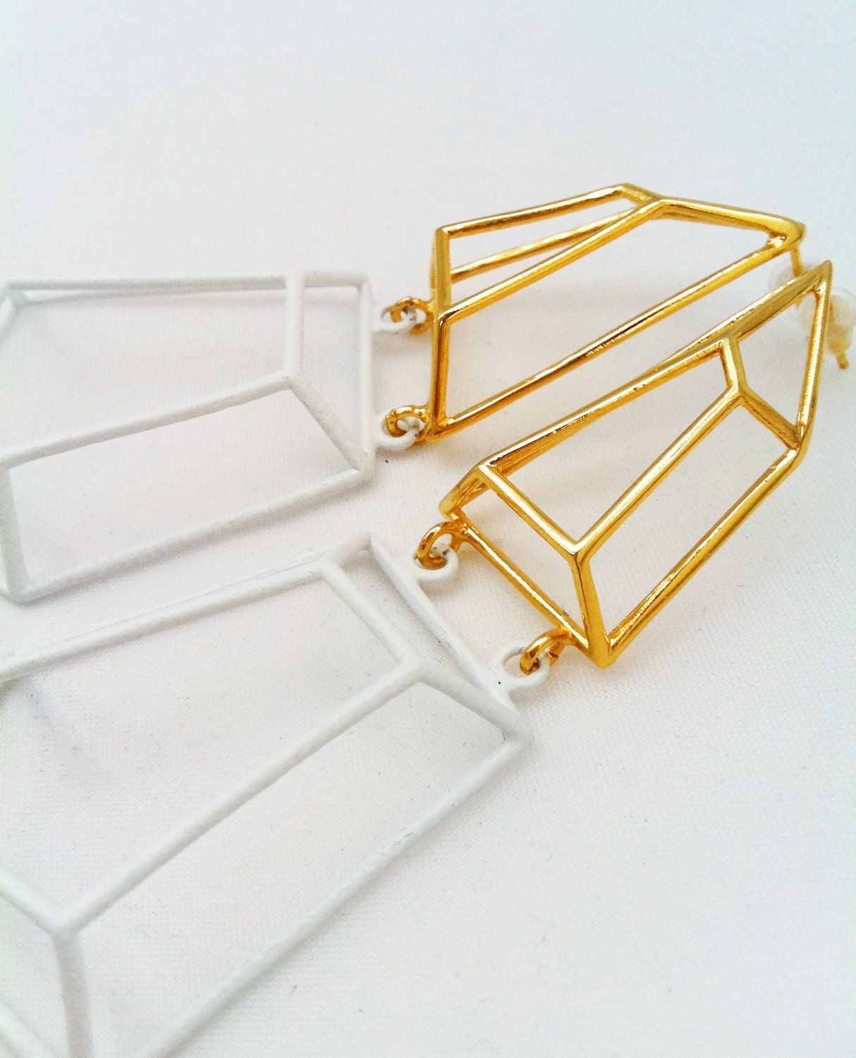 Architectural Structure Geometric White & Gold Earrings