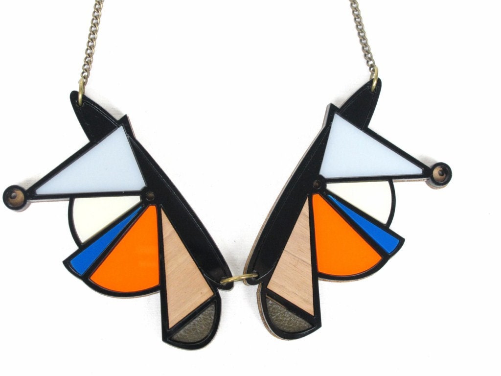 Mixed Media Abstract Collar GEOMETRIC NECKLACE - black/orange