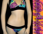 COSMIC DISCO TRIP plunge halter/low rise scrunchy butt PIN-UP BIKINI.  BRILLIANT Brights Sz XS/S/M