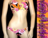 Modern graphic TECHNO FLORAL low rise scrunch halter bikini S