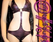 Purple blk foil monokini ring front scrunch back lowrise S