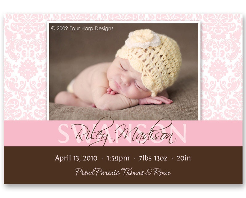 Birth Announcement, Baby Girl or Boy, Sweet Damask - a printable photo card.