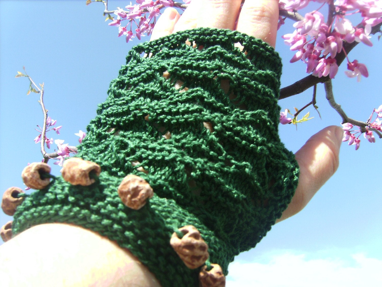 Dreamcatcher Lace Fingerless Cotton Gloves Wristlets Gauntlets Mittens Cuffs Wrist Warmers with Native American Indian Clay Beads
