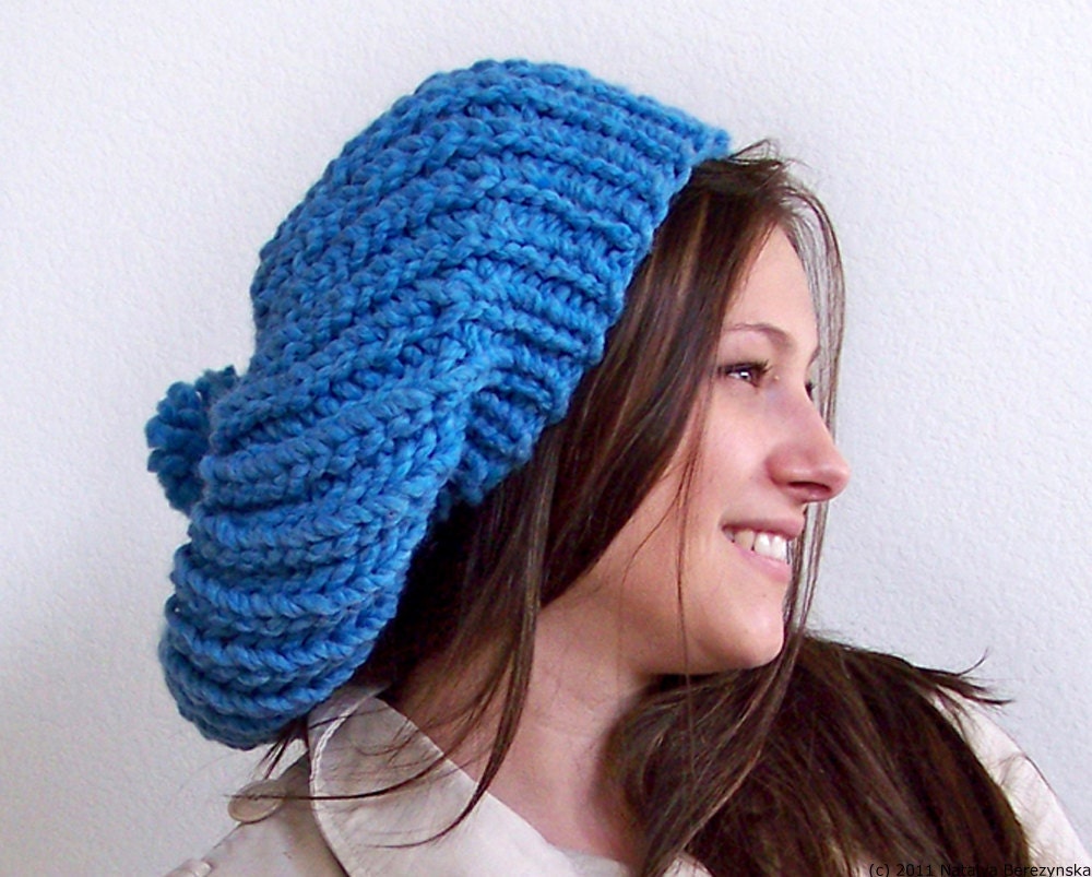 Slouchy Beanie Hat in Blue - Womens Pom Pom Hat - Oversized Slouch Hat - Winter Hat - Winter Fashion Accessories Chunky Knit