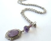 Amethyst Silver Necklace Antique Silver Amethyst Cabachon  Swarovski Bicone Antique Silver Chain Vintage Look Beaded Handmade
