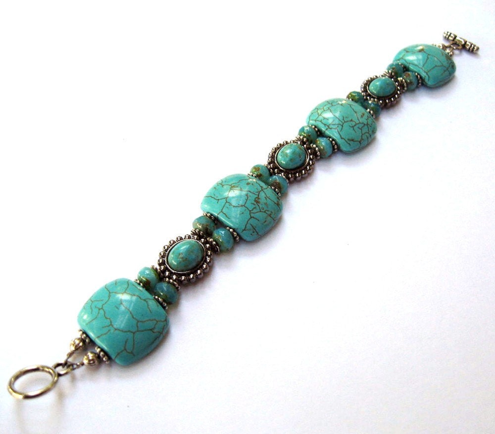Turquoise Slider Bracelet Double Strand Turquoise Magnesite Turquoise In Metal Czech Glass Silver Beaded  Strung Handmade