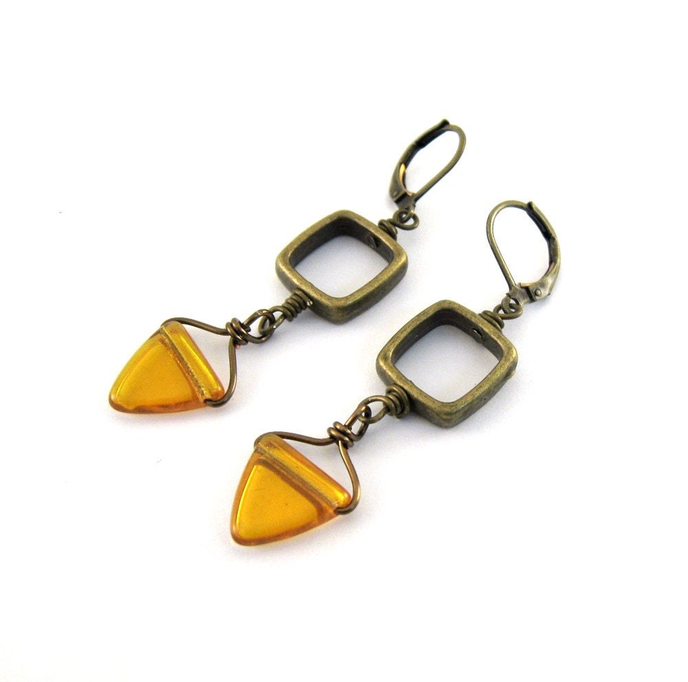 Gold Triangle Earrings Czech Glass Antique Brass Long Beaded Handmade Lever Back